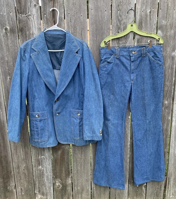 Vintage LEE Set Denim Suit 1970s Flared Pants 34 Jacket 44R Cotton