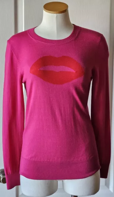 Trina Turk S Small Lips Kiss Pink Long Sleeve 100% Merino Wool Intarsia Sweater