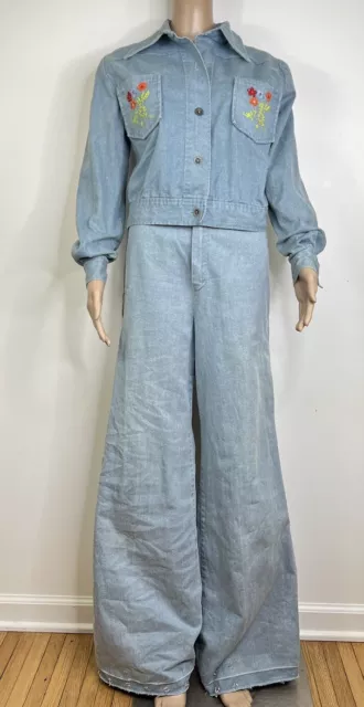 Vintage 60s 70s Denim Bell Bottoms Jeans & Matching Jacket 2 Pc Set Embroidered 3