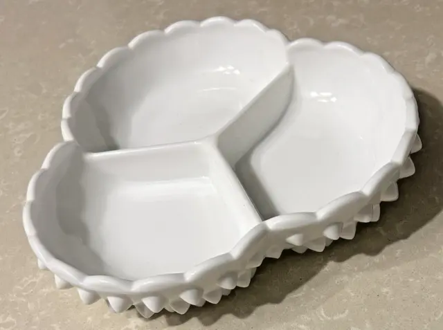Vtg Fenton Hobnail Three Sections  Divided Candy Relish Dish  White Milk Glass
