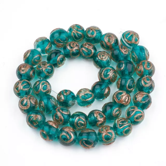 10 Handmade Lampwork Glass Beads - Translucent Blue Gold Swirls - 10mm P01632 2