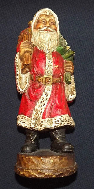 1988 Santa Claus Figurine Carrying Sack of Gifts and Christmas Tree Hand Painted