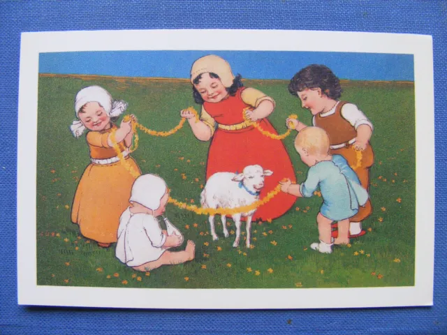 Postkarte Ansichtskarte kleinformat vintage Ostern alt Kinder Mädchen Lamm Baby