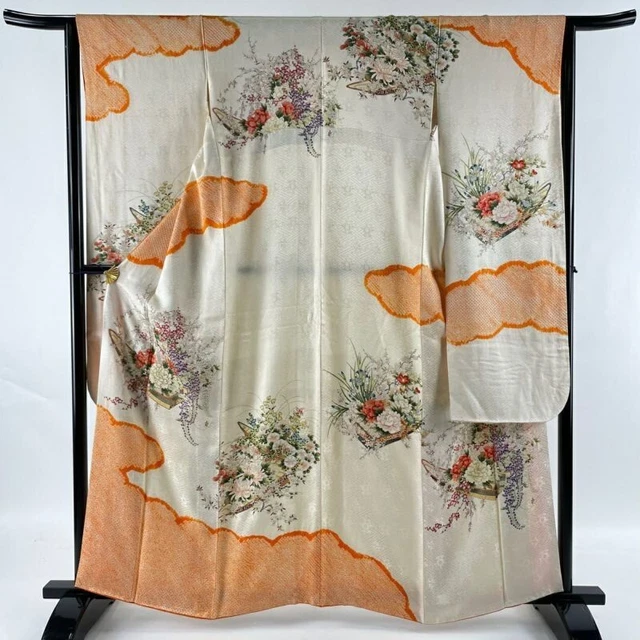 Japanese Kimono Furisode Pure Silk Flower Boat Cloud Pattern Gold Thread Cream