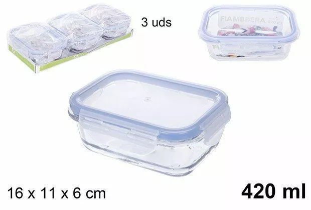 Set 3 Pezzi Contenitori Per Alimenti In Vetro Con Coperchio Plastica 420ml dfh