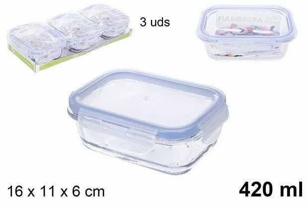 Set 3 Pièces Rangements Pour Aliments Verre avec Couvercle Plastique 420ml Dfh