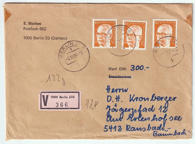 Berlin Mi 396 MeF auf Wertbrief nach Ransbach-Baumbach