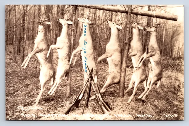 Vintage RPPC Crystal Falls MI Deer Hunting Dead On Display w/ Guns Rifles P20