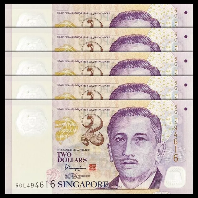 Lot 5 PCS, Singapore 2 Dollars, ND(2006), P-46L, 3 solid stars on back, UNC