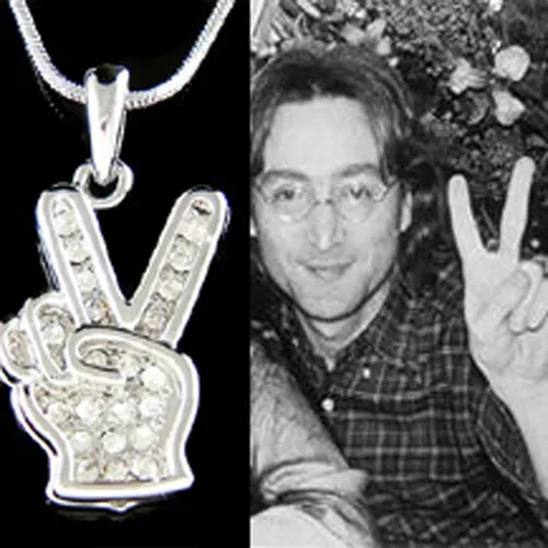 Peace V Victory Sign made with Swarovski Crystal John Lennon Hand Hippy Necklace