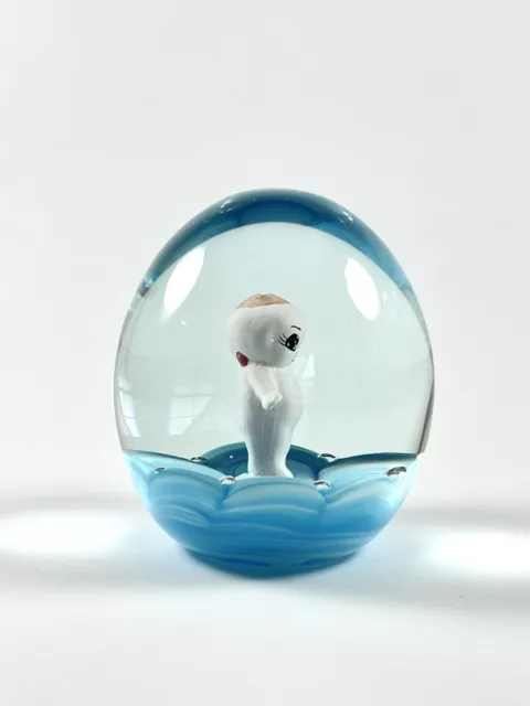 Joe St. Clair Glass Sulphide Paperweight Kewpie on Blue Excellent Condition 2