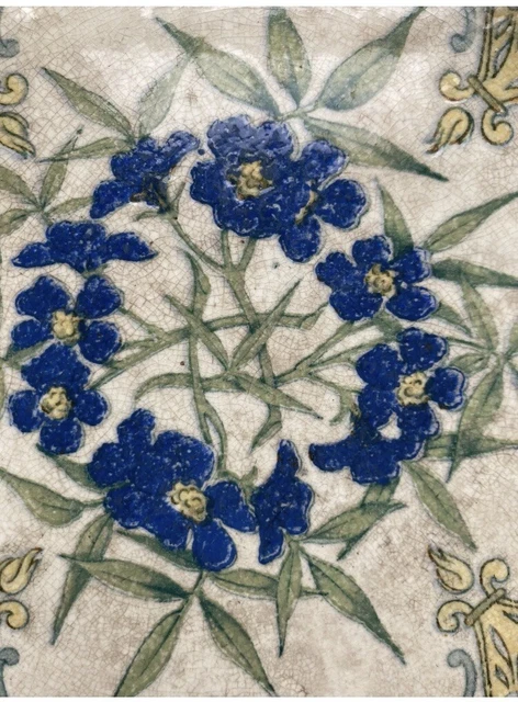 Antique hand painted tile 6” floral yellow blue trivet E688 crackle glazed