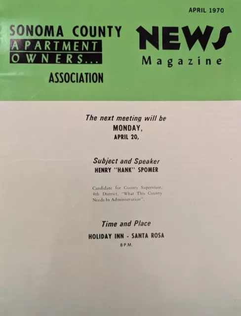 Vintage April 1970 Sonoma County Apartment Owners Assoc Magazine