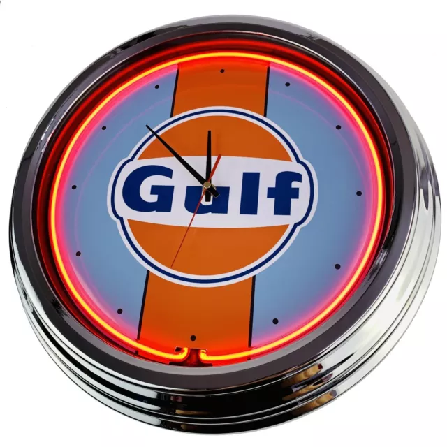 N-0302 Horloge Murale " Gulf Racing " Déco Néon Manger Cuisine Salon Bureau