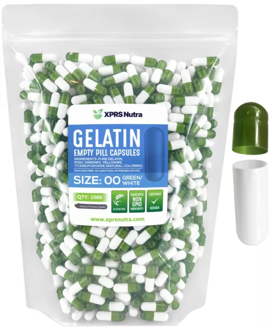 Size 00 Clear Green/White Empty Gelatin Pill Capsules Kosher Gluten-Free USA