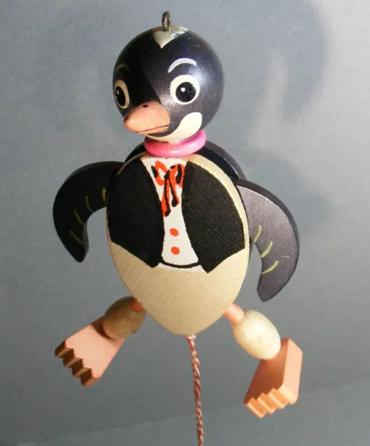 Vintage Wood PENGUIN Jumping Jack Pull String Toy Made in Austria