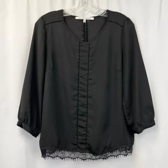 Collective Concepts Womens Black Long Sleeve Round Neck Blouse Top Size Small