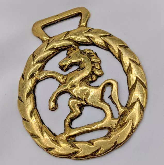 Brass Horse Medallion Vintage English Rearing Laurel Wreath Parade Show Harness