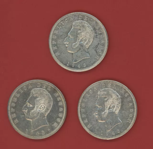 Ecuador  5  Sucres 1943 Lot Of 3 Coins   Km 79  Xf+.