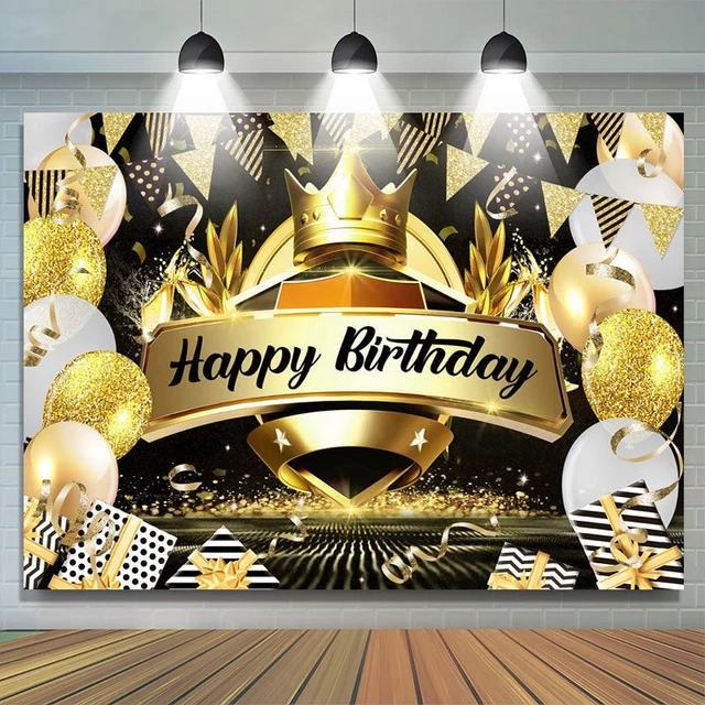 Aperturee Black Gold Balloon Gift Crown Birthday Rectangle Backdrop
