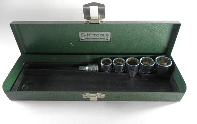 S-K  Tools Tool Box (Metal Case Only) + A Few 3/8 Drive Sockets  Vintage USA