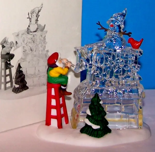 Dept 56 "A Busy Elf" 56366 Ice Sculpting Sign "North Pole" w/ Snowman Village