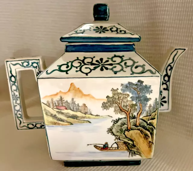 Vintage Small Jingdazen Porcelain Teapot with Landscape Scene with Trees, Boat