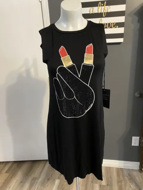 Lauren Moshi Lipstick Peace Elements Mini Dress Black Studded XS New