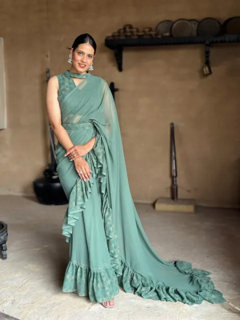 1 Minute Ready To Wear Georgette Sari Indian Wedding Wear Designer Saree Blouse