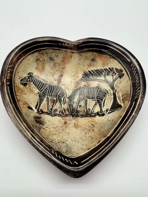 Zebra Heart Shaped Soapstone Carved Trinket Jewerly Dish Kenya African Art  5.5"