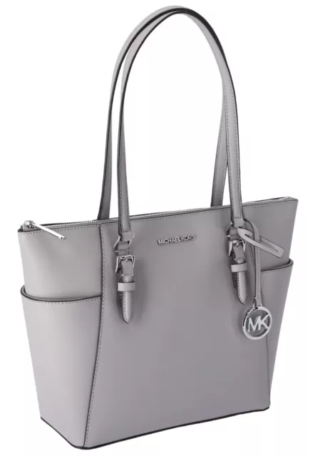 Michael Kors Charlotte Large Top Zip Leather Tote Pearl Grey Saffiano Leather 3