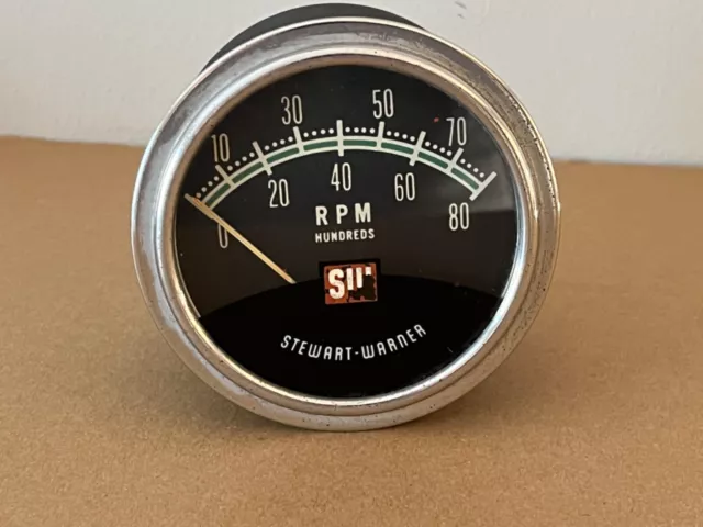 Vintage Stewart Warner Sw 8000 Rpm Green Line Tachometer Tach 8K With Black Cup