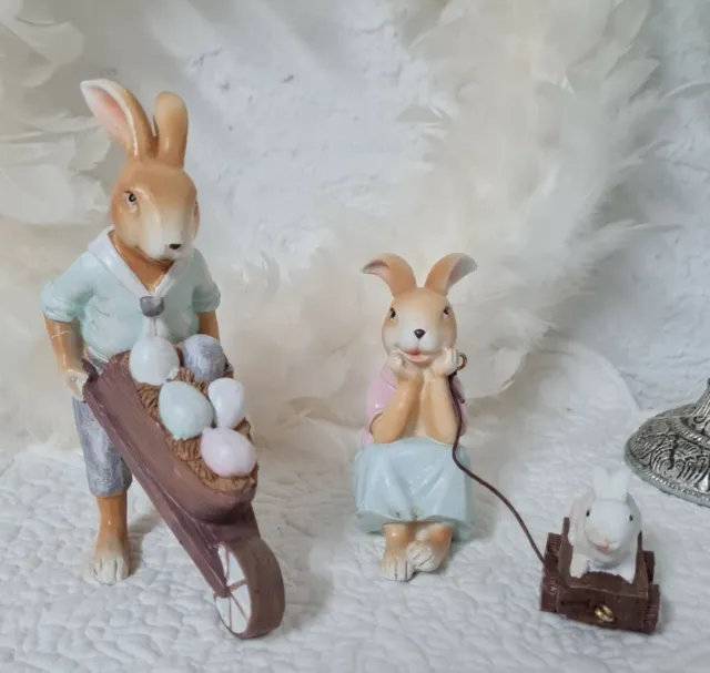 Famiglia di Conigli Pasqua Coppie Coniglietto Carriola Decorazione Shabby Figura