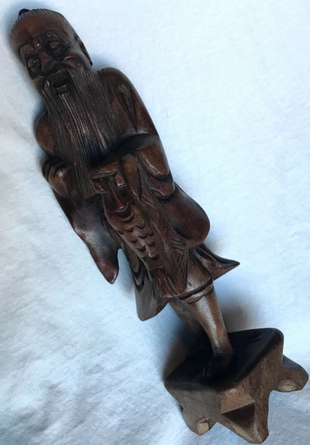 Antique Vintage Asian Hand Carved Wood Old Man Fisherman Buddha Statue 12"