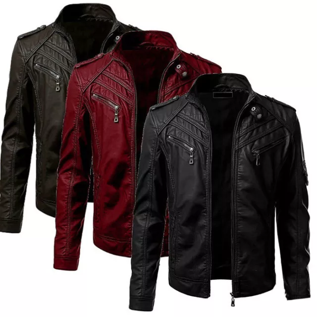 New Men's Black Motorcycle Jacket Slim Fit Biker Faux Leather Jacket Coat US