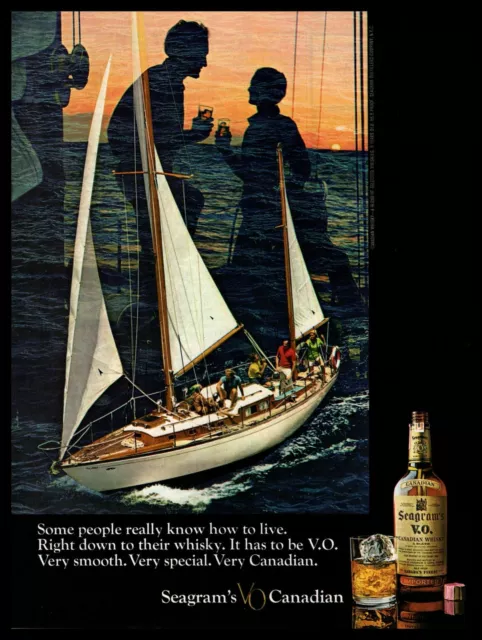 1970 Seagram's VO Canadian Whiskey Sailboat Sundown Scene Vintage Print Ad