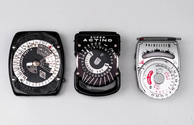 3 Vintage Photographic Light Meters, Collectable Retro, Actino, Nebro, Prinzlite
