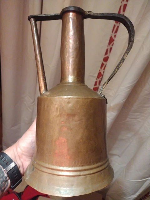 Vtg Hand Hammered Solid Copper Pitcher Jug Forged Iron Handle 13" Tall Israel