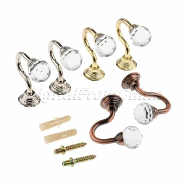 2Pcs Round Crystal Home Wall Decor Mounted Curtain Pole Hooks Hanger with Screws 3