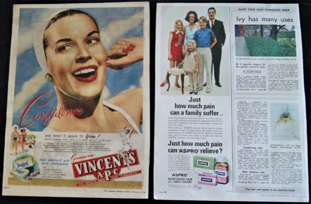 2 x full page Pain Relief Tablet ads Vincents 1948 Aspro 1969 Duke of Windsor