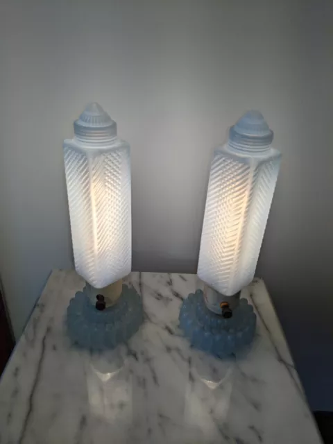 Vintage 1930s Blue Frosted Glass Art Deco Boudoir Skyscraper Table Lamps