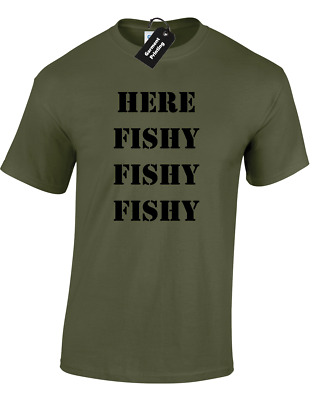 Qui di PESCE PESCIOLINO Da Uomo T-Shirt Divertente ANGLER Pescatore Pesca Carpa Regalo