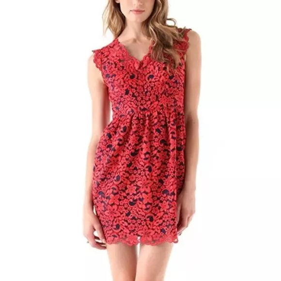 Shoshanna Women's Red Lace Loren Mini Dress Cotton Sleeveless V-Neck Size 6