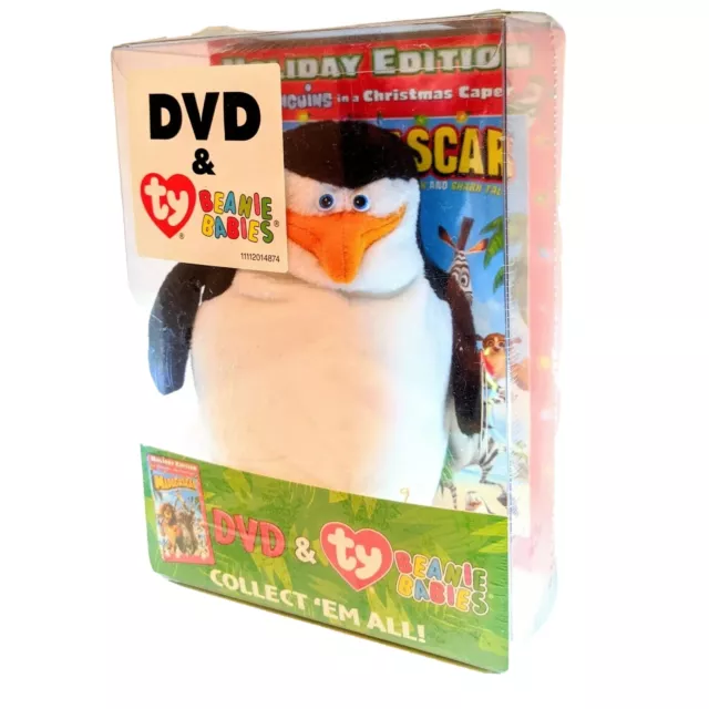 Madagascar DVD + Penguin Beanie Babies SKIPPER Holiday Edition Ty Boxed Set NIB