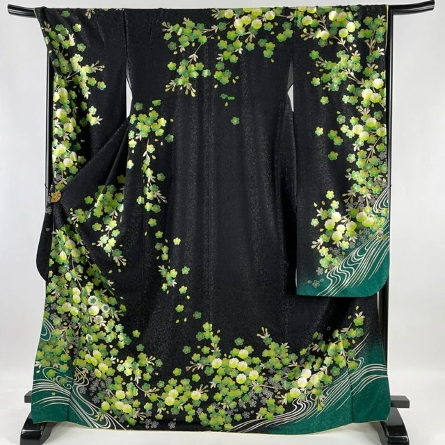 Woman Japanese Kimono Furisode Silk Cherry Blossom Silver Thread Gold Foil Black