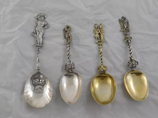 4 Antique Continental Silver Figural Spoons 19th Century Dutch Hanau