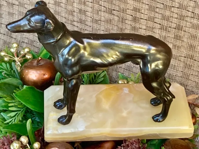 Vintage Greyhound Whippet Dog Bronze Metal Statue Marble Base Art Deco 6.5" Tall