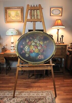 Large 79" Tall Antique Victorian Art Gallery Oak Display Easel