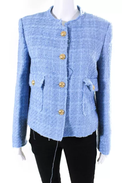 Zara Womens Long Sleeve Button Front Crew Neck Tweed Jacket Blue Size Large