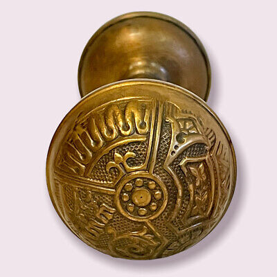 Antique Ceylon Corbin Eastlake Victorian Brass Door Knob Set + Spindle